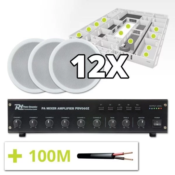 Power dynamics 100v speakers (set van 12) en 4-zone versterker