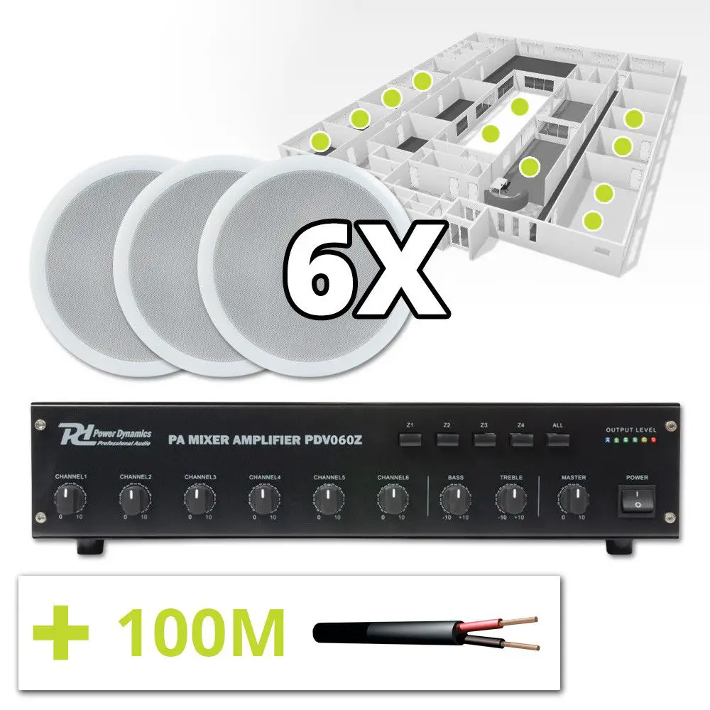 Power Dynamics 100V Speakers (set van 6) en 4-zone Versterker