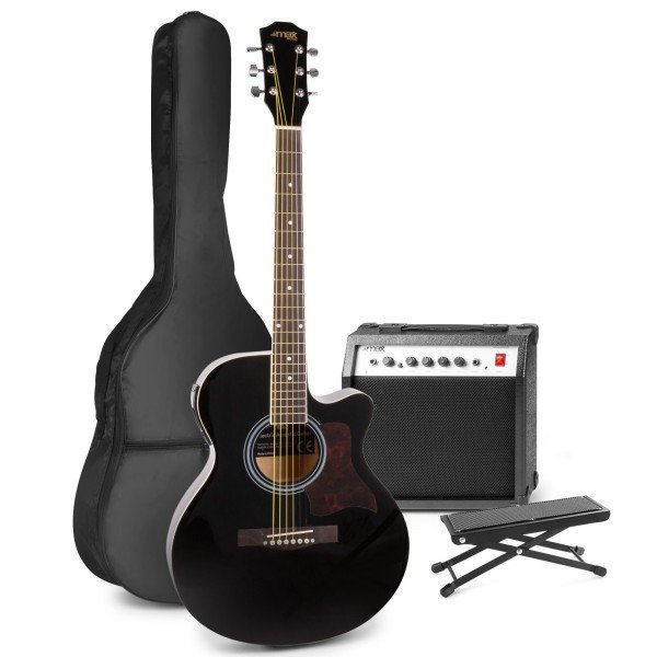 Max showkit elektrisch akoestische gitaarset met voetenbankje - zwart