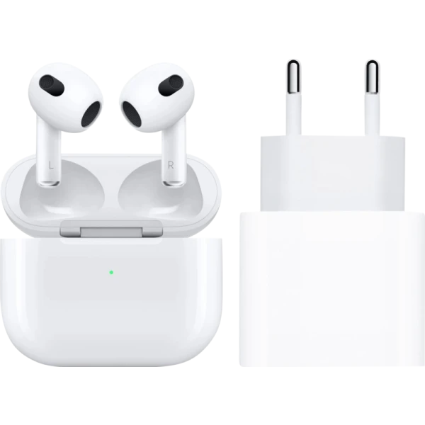 Met deze bundel laad je jouw airpods 3 op via netstroom. Dankzij de h1 chip verbind je de oordopjes automatisch met jouw apple apparaten en activeer je siri met je stem. Met spatial audio geniet je van ruimtelijk geluid bij films